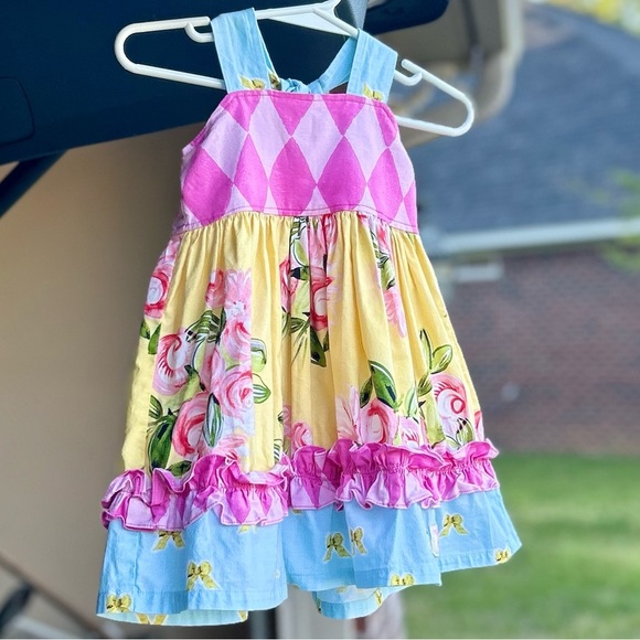 Girls boutique yellow/pink/blue floral sleeveless Dress with ruffles 18m - Picture 6 of 12